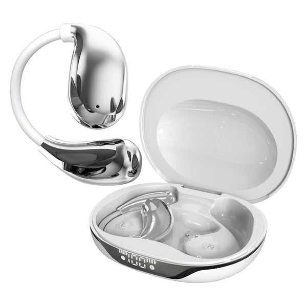 RCA Wave-88WHT WAVE-88 AI Translator TWS Bluetooth Open-Ear Earbuds with Mics, On-Ear Controls, Charging Case with Scree