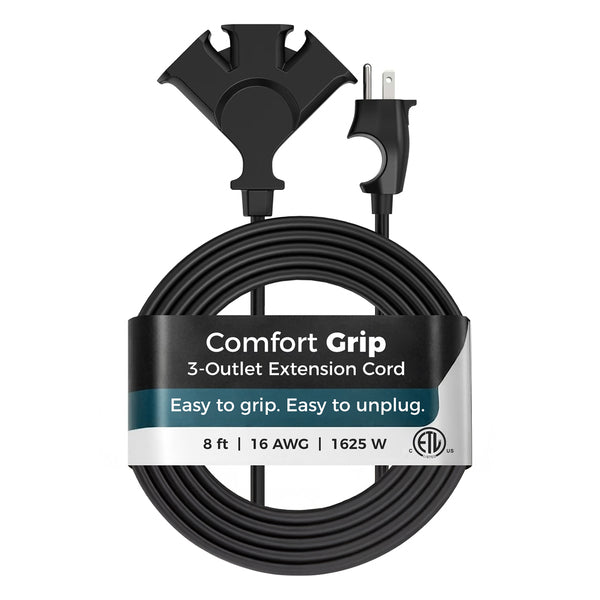 Uncaged Ergonomics CGEC-8-Black Comfort Grip 3-Outlet Grounded Indoor/Outdoor Extension Cord, 8 Ft., Black