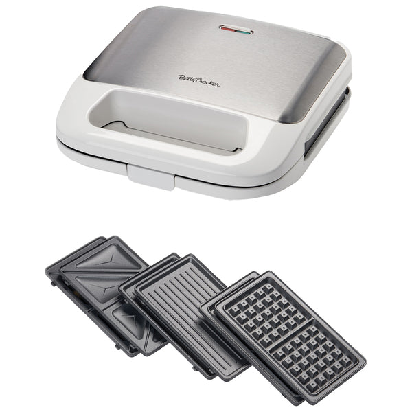 Betty Crocker BC-4965W 3-in-1 Indoor Electric Grill Plus with Sandwich/Panini Press and Waffle Maker (White)