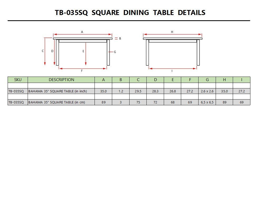 BAHAMA 35″ SQUARE BISTRO TABLE - Clinch River Fishing USA