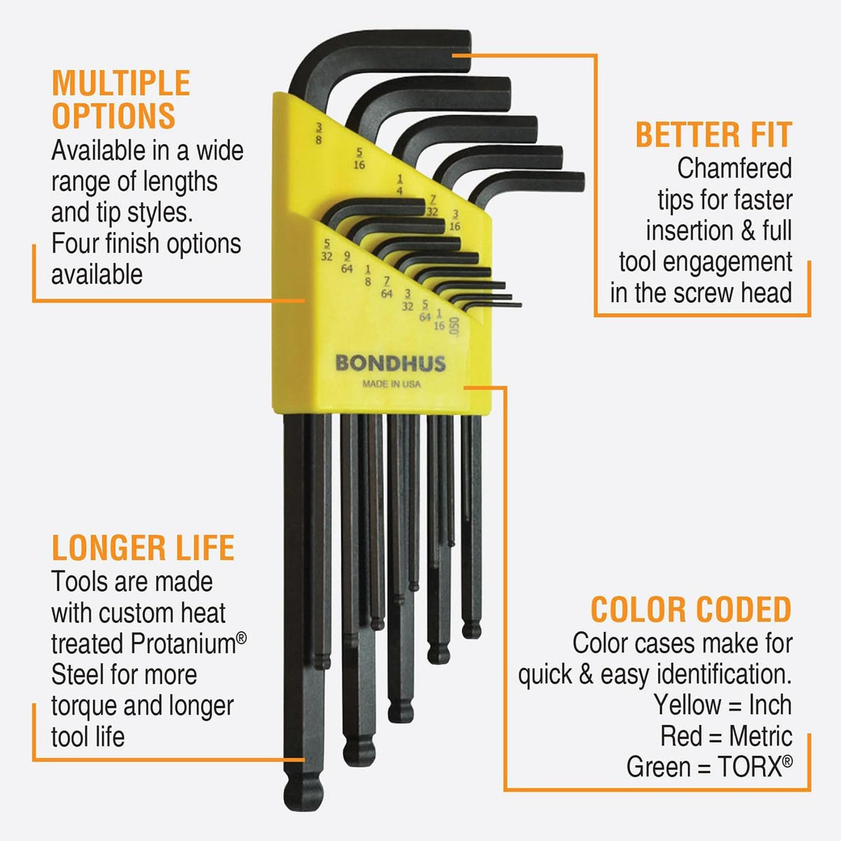 Bondhus Balldriver SAE Ball End HEX Long L - Key Wrenches .050" to 3/8" (13 Piece) - Clinch River Fishing USA