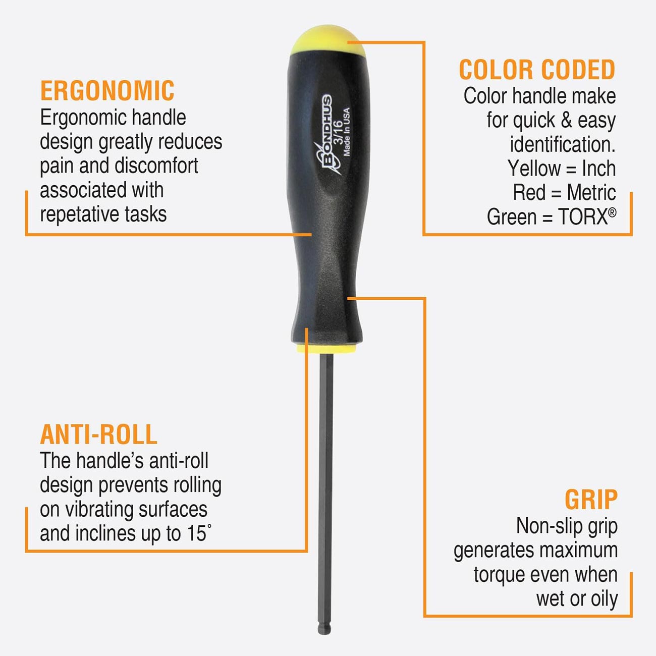 Bondhus Balldriver SAE HEX Ball End Screwdrivers 5/64" to 3/16" (7 Piece) - Clinch River Fishing USA