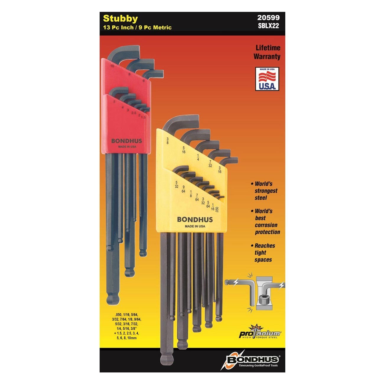 Bondhus Bondhus Balldriver Stubby Metric/SAE Ball End HEX L-Keys Double Set (22 Piece) - Clinch River Fishing USA