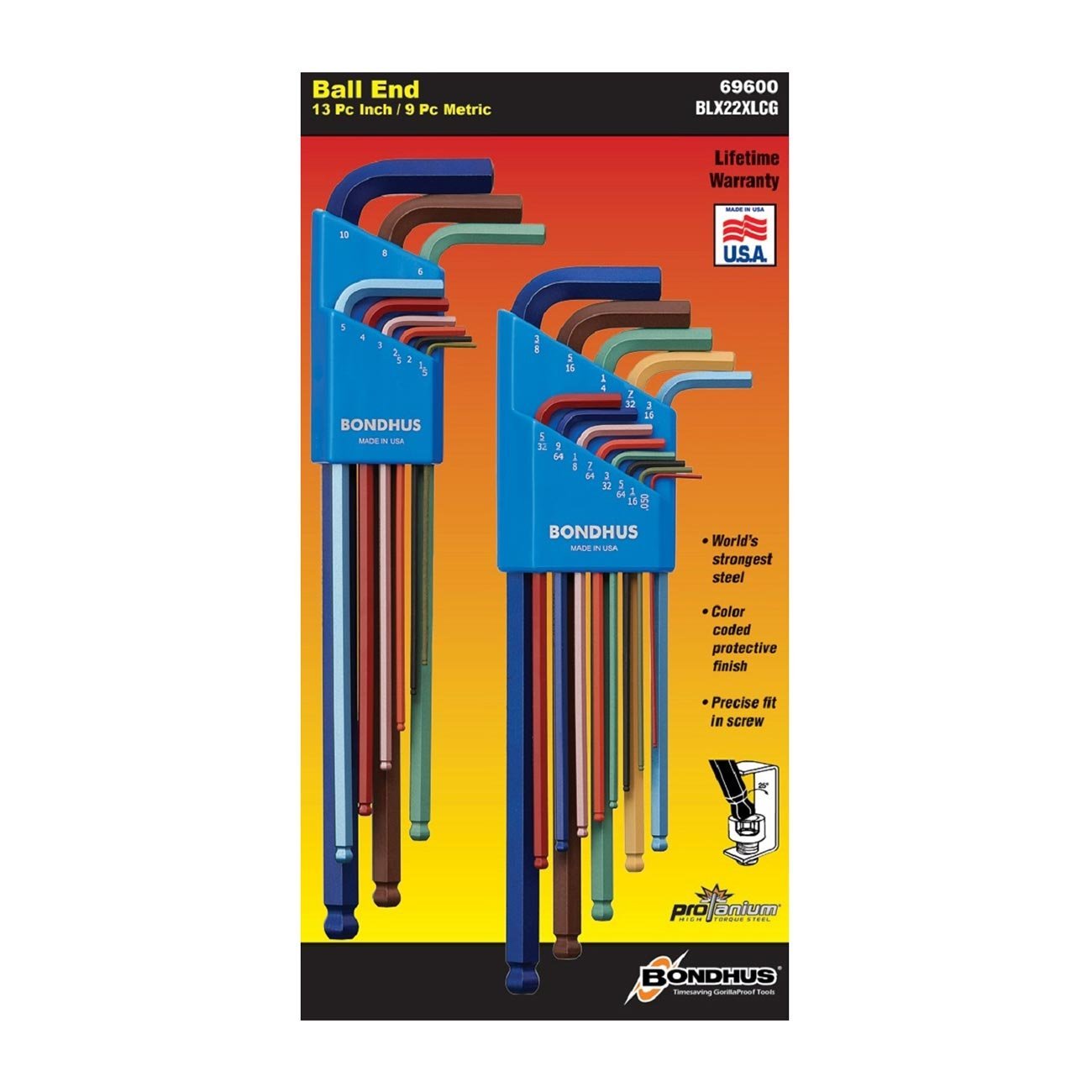 Bondhus ColorGuard Plated Balldriver Metric/SAE Ball End HEX L-Keys Double Set (22 Piece) - Clinch River Fishing USA