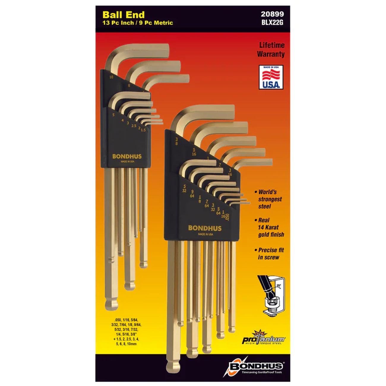 Bondhus GoldGuard Plated Balldriver Metric/SAE Ball End HEX L-Keys Double Set (22 Piece) - Clinch River Fishing USA