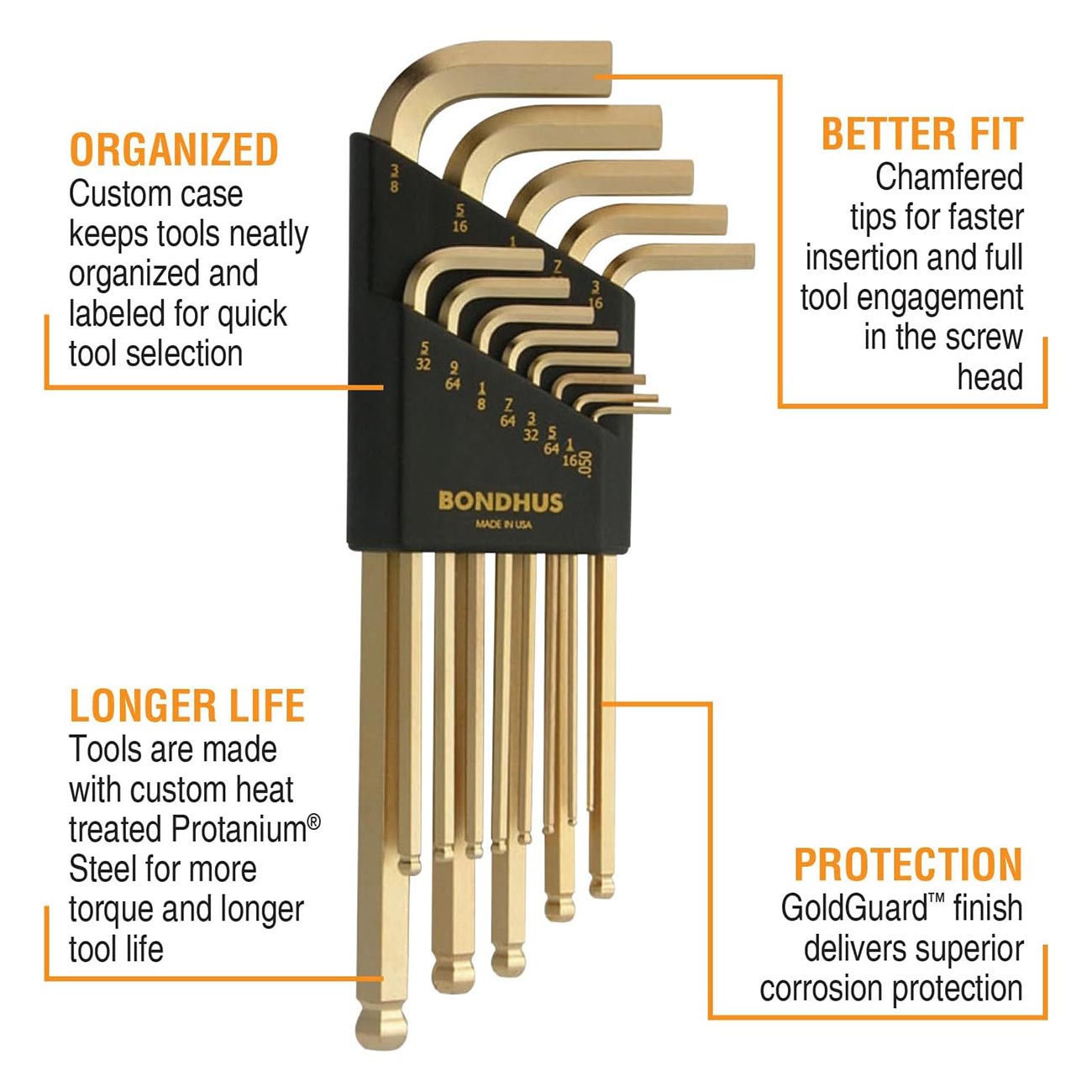 Bondhus GoldGuard Plated Balldriver SAE Ball End HEX L - Key Set (13 Piece) - Clinch River Fishing USA