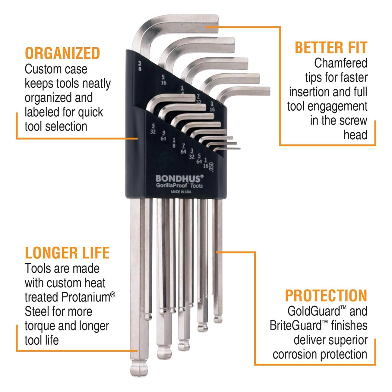 Bondhus Plated Balldriver Metric/SAE Ball End HEX L-Keys Double Set (22 Piece) - Clinch River Fishing USA