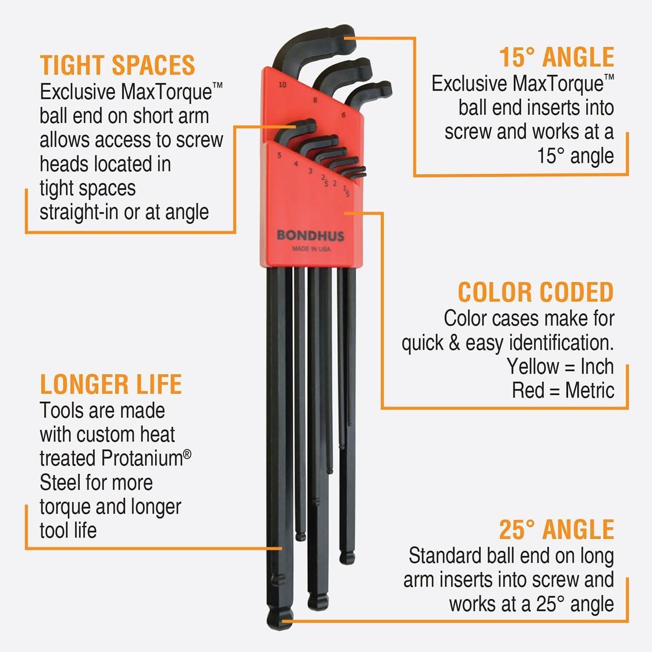 Bondhus Stubby Metric/SAE MaxTorqueGäó Double Ball End HEX Long L-Keys Double Set (22 Piece) - Clinch River Fishing USA