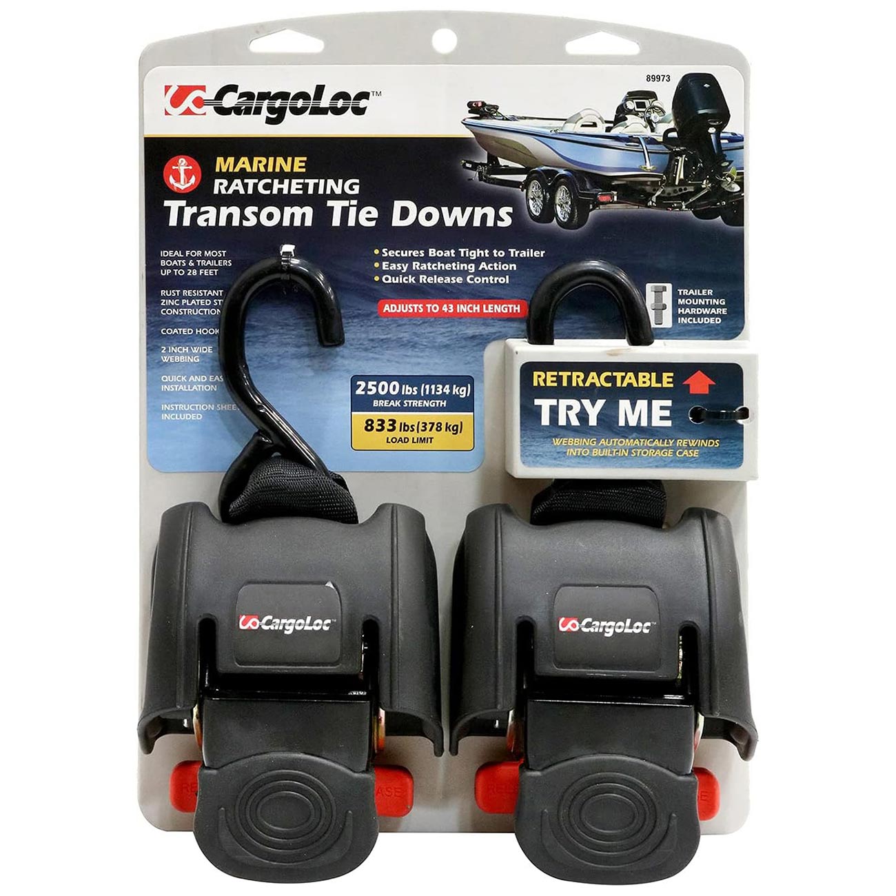 CargoLoc Ratcheting Tie Down - Strap 2" x 43" x 2500lbs Transom (Pair) - Clinch River Fishing USA