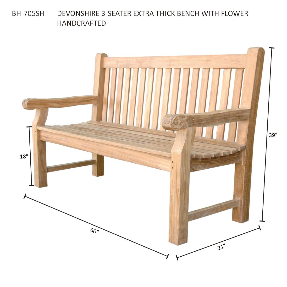 DEVONSHIRE 3-SEATER EXTRA THICK BENCH WITH FLOWER HANDCRAFTED - Clinch River Fishing USA
