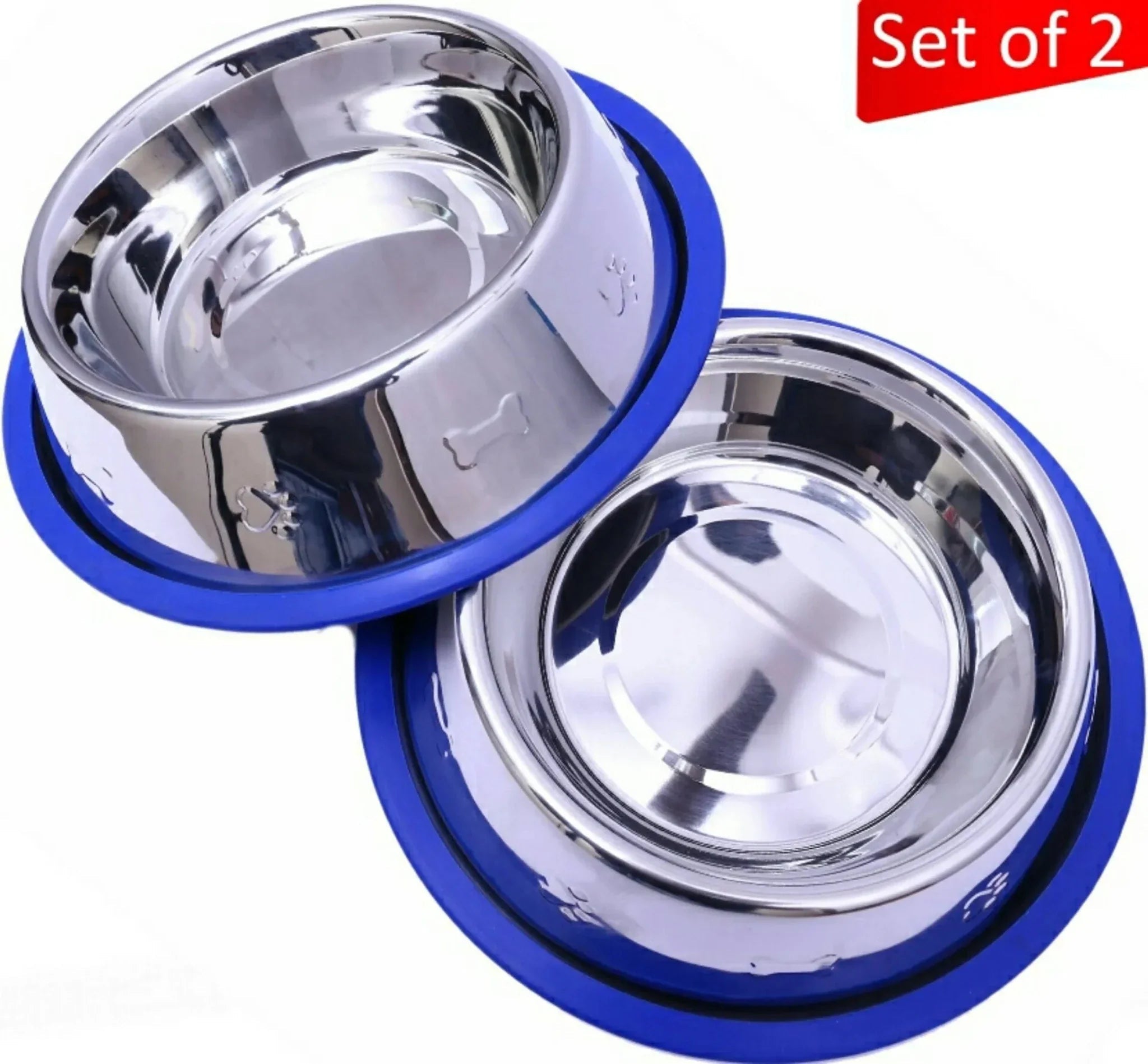 Etched Stainless Steel Dog Bowls with Blue Silicone Base - Clinch River Fishing USA