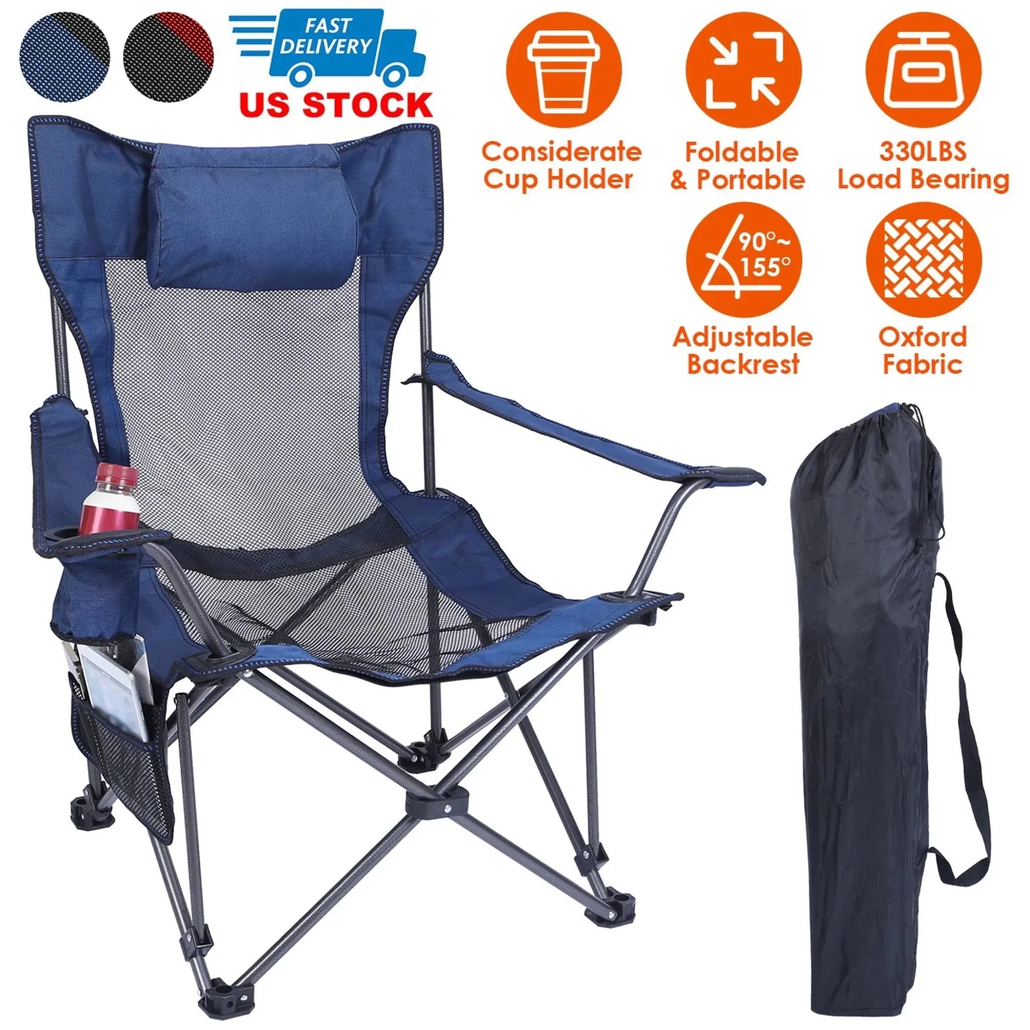 Foldable Camping Chair 330LBS Load Heavy Duty Steel Lawn Chair - Clinch River Fishing USA