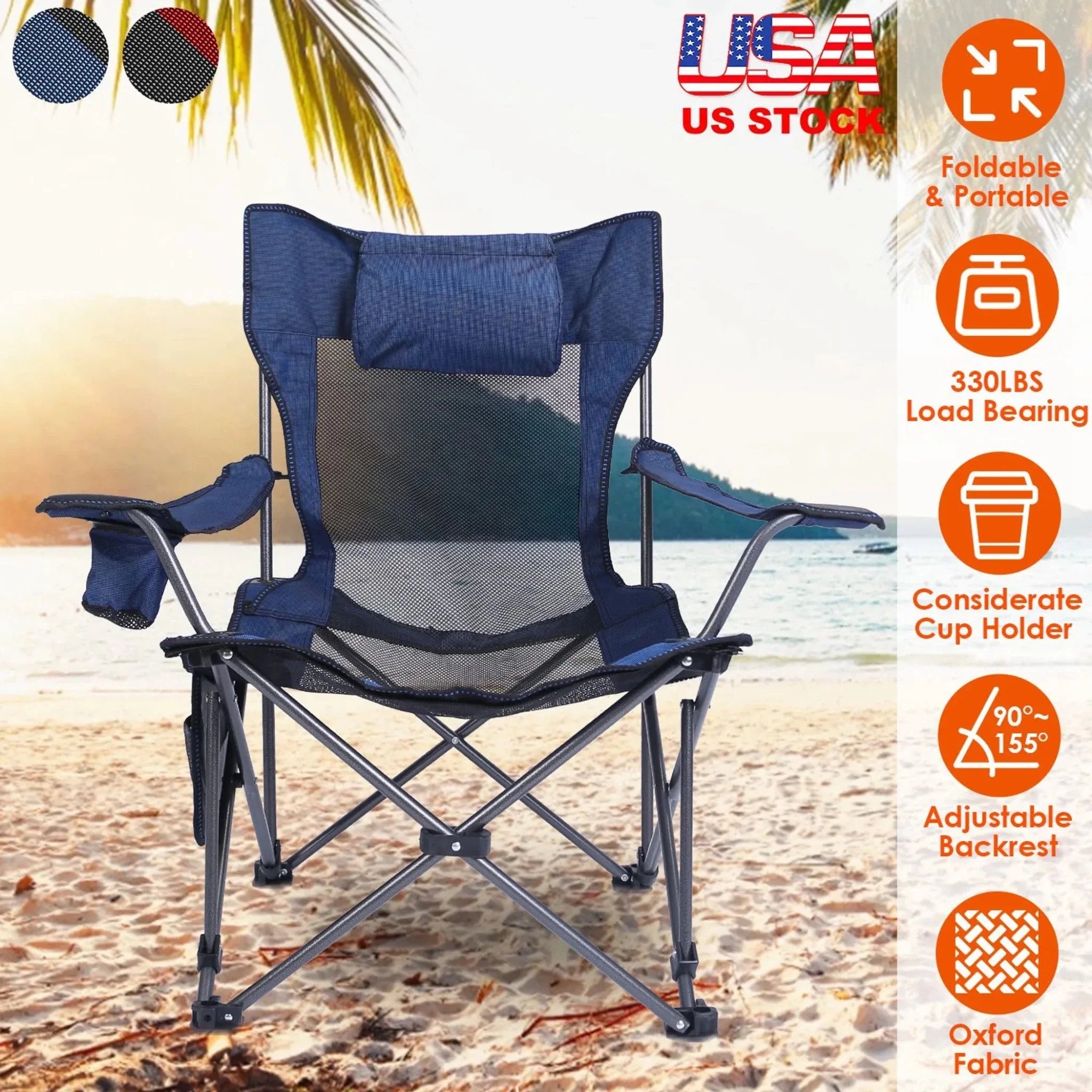 Foldable Camping Chair 330LBS Load Heavy Duty Steel Lawn Chair - Clinch River Fishing USA