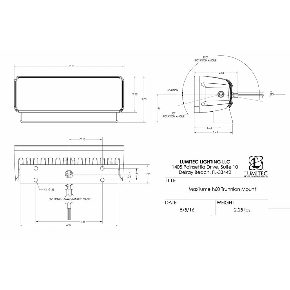 Lumitec Maxillume h60 - Trunnion Mount Flood Light - White Dimming - White Housing - Clinch River Fishing USA