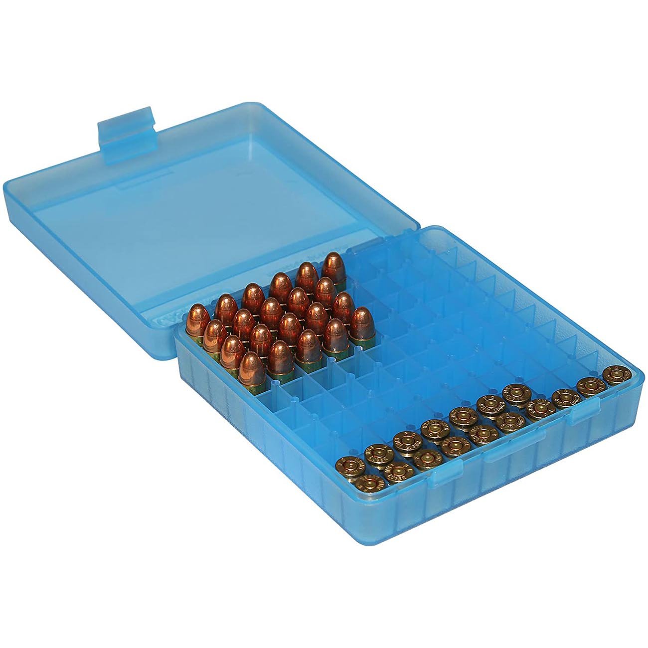 MTM Ammo Box 100 Round Flip - Top 9mm 380 ACP Clear Blue - Clinch River Fishing USA