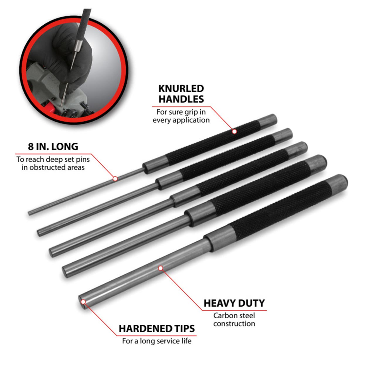 Performance Tool 8"-Long SAE Pin Punch Set (5 Piece) - Clinch River Fishing USA