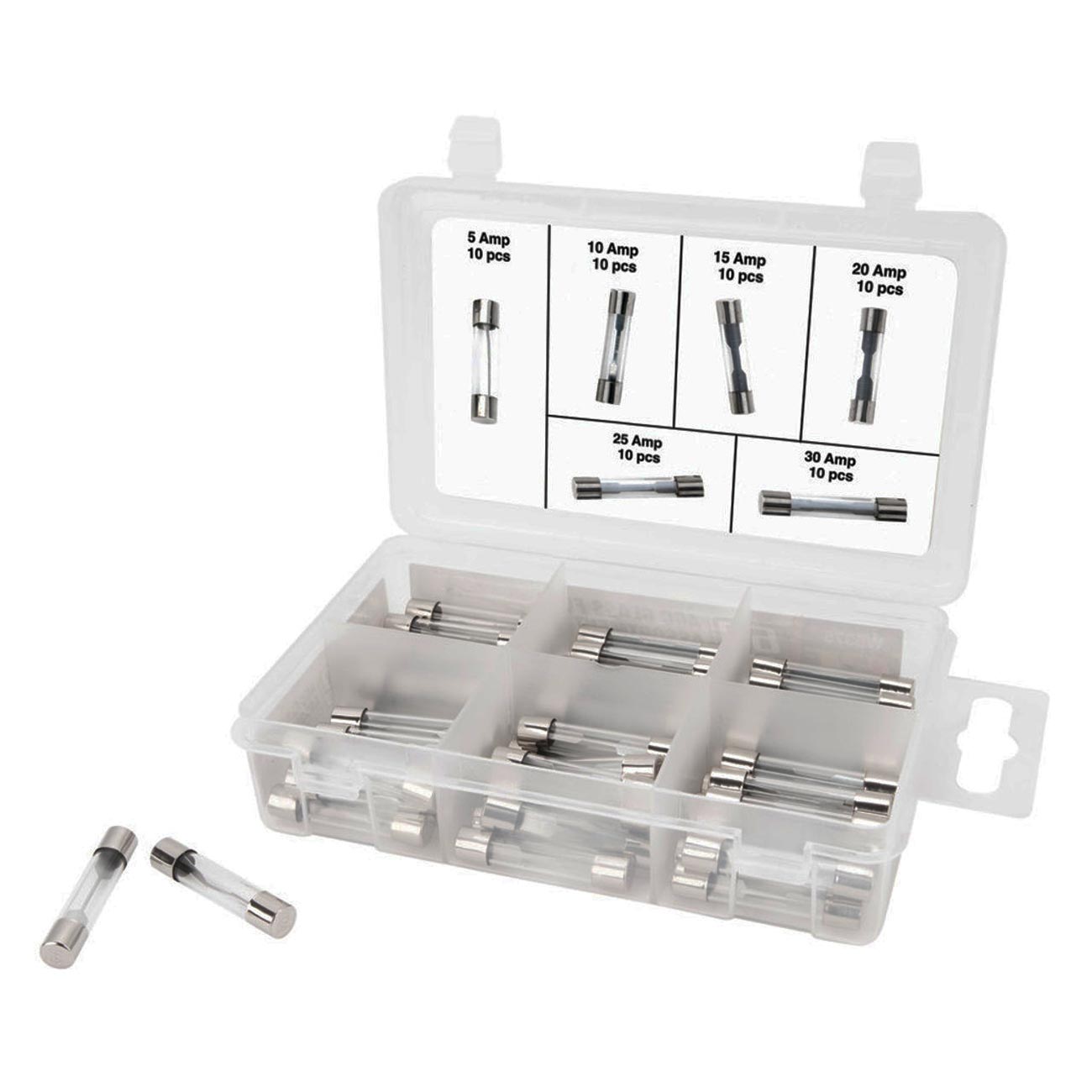 Performance Tool Assorted AGC Glass Fuse Assortment (5A to 30A) in a Clear Plastic Case (60 Pieces) - Clinch River Fishing USA