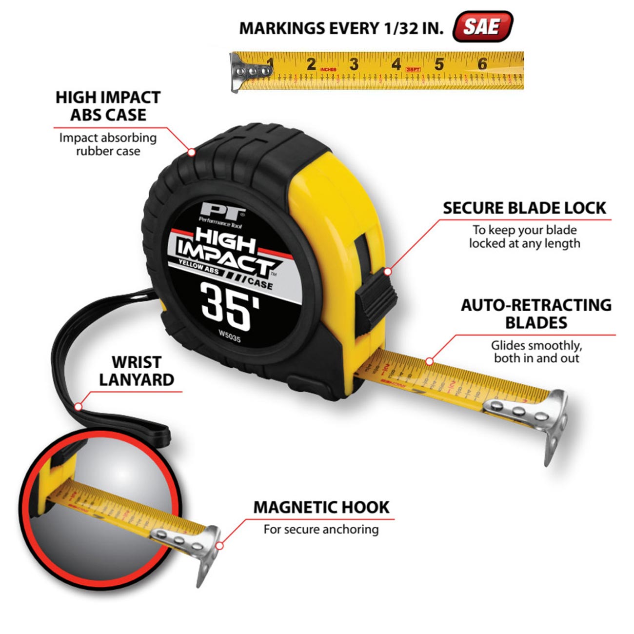 Performance Tool SAE Tape Measure: 35-Foot x 1" Wide Blade - Clinch River Fishing USA