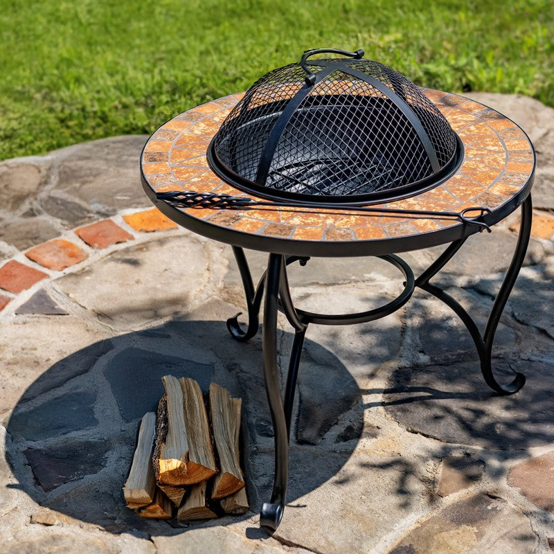 25.6"D. Round Mosaic Tile Metal Fire Pit "Shenandoah"