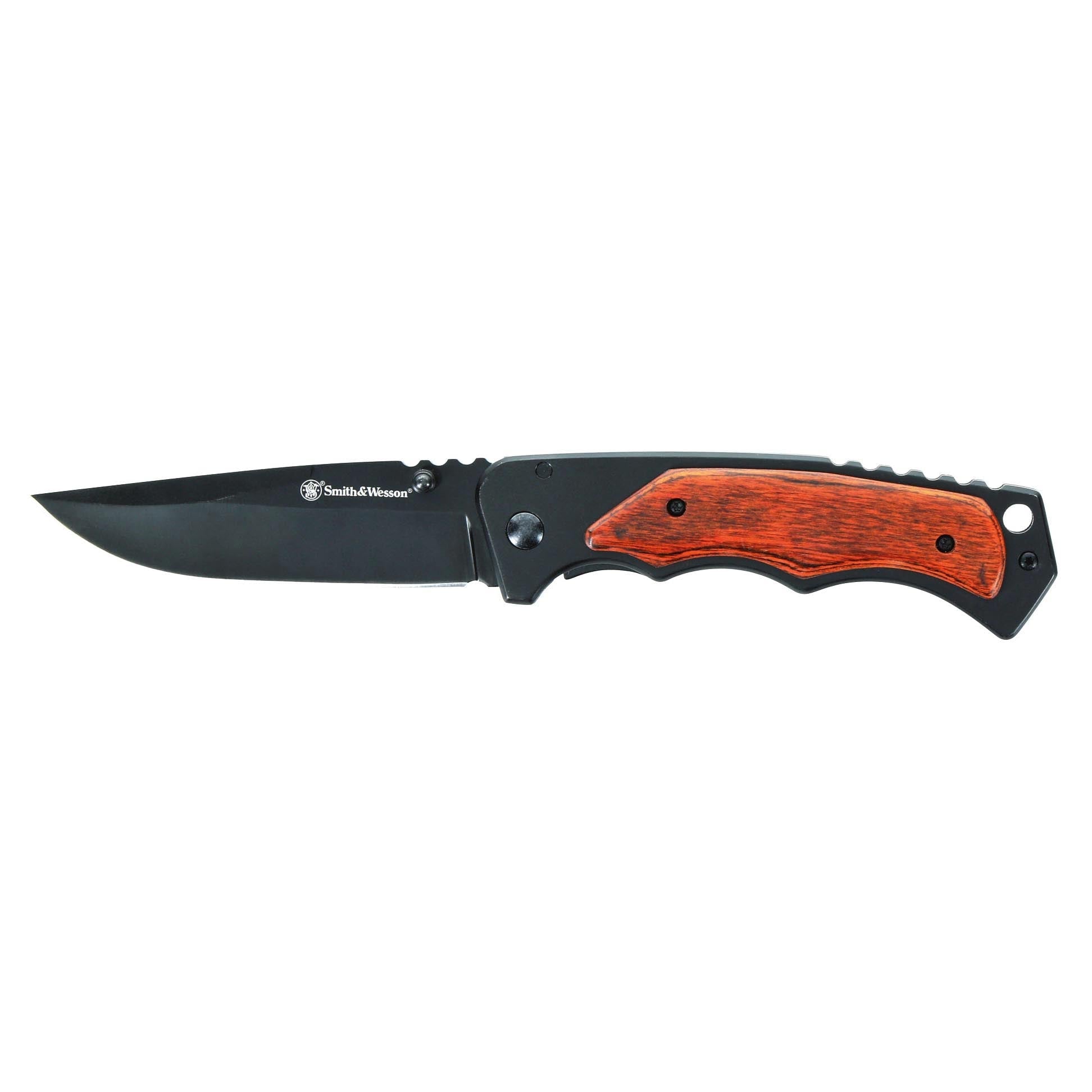 Smith & Wesson 3.7GÇ¦ Folding Pocket Knife (Black with Wood Overlays) - Clinch River Fishing USA