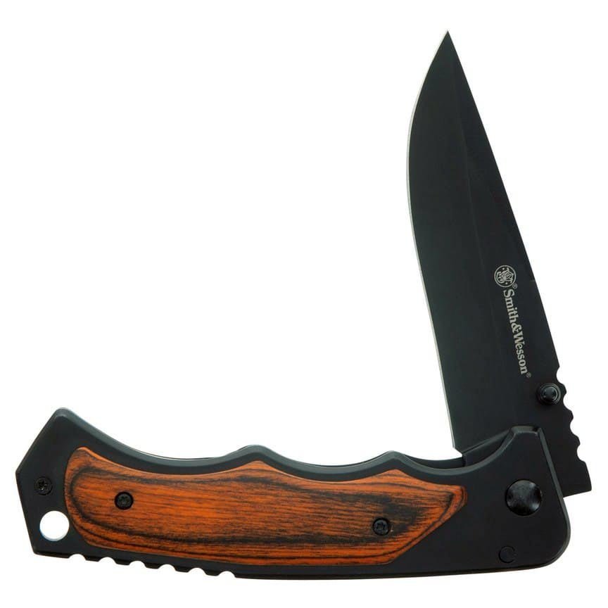 Smith & Wesson 3.7GÇ¦ Folding Pocket Knife (Black with Wood Overlays) - Clinch River Fishing USA