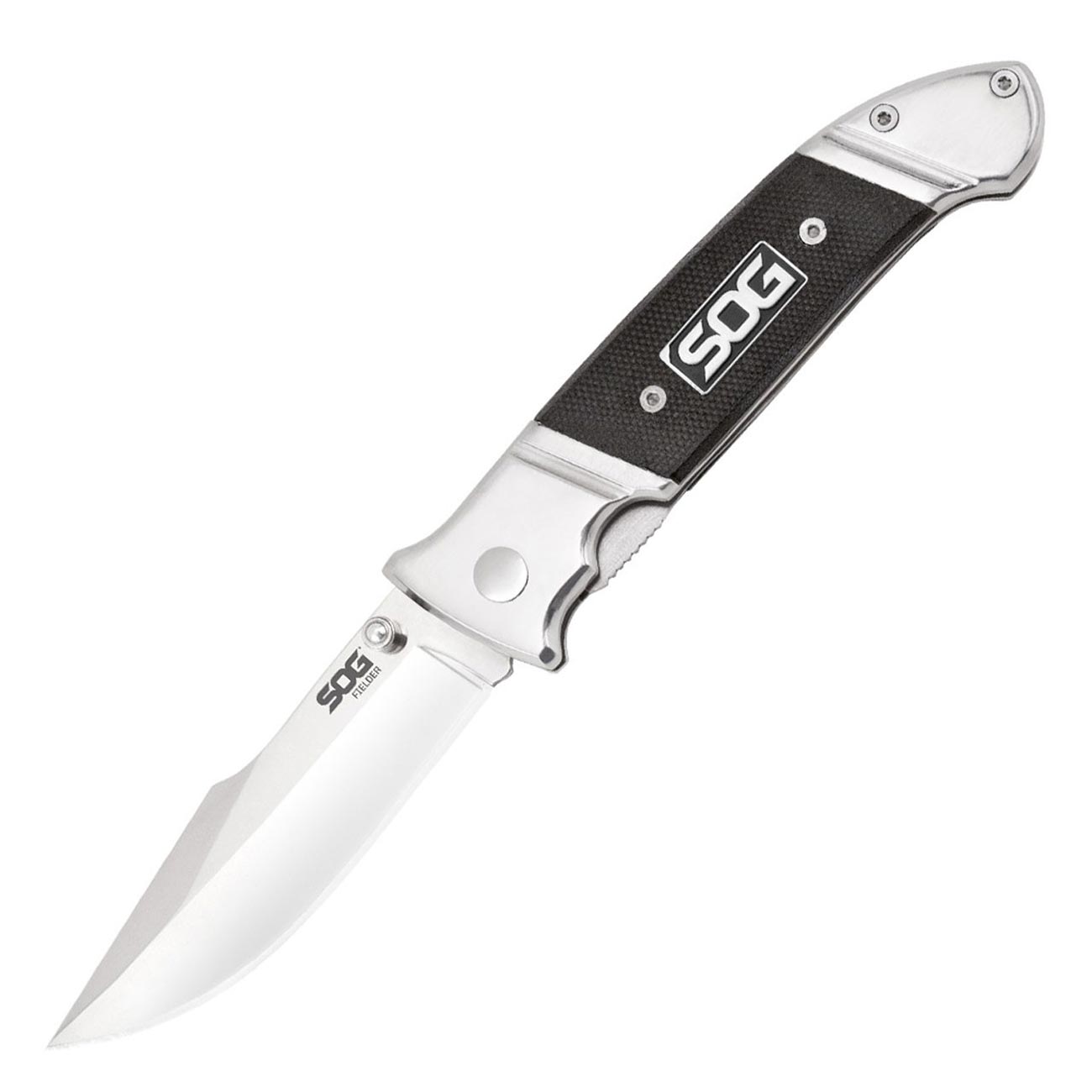 SOG Fielder Folding Knife 3.3" Satin Clip Point Blade Black G10 Handles - Clinch River Fishing USA