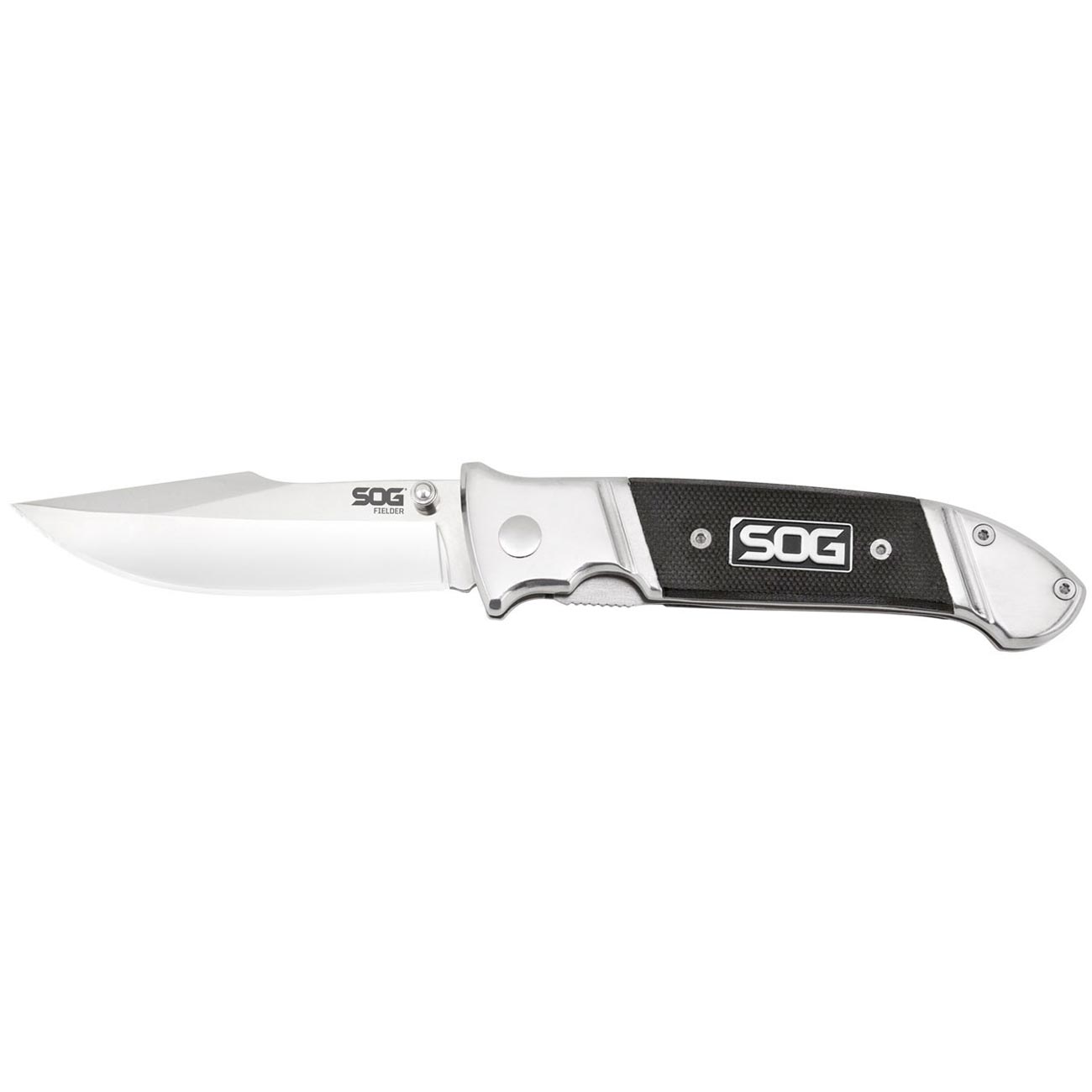 SOG Fielder Folding Knife 3.3" Satin Clip Point Blade Black G10 Handles - Clinch River Fishing USA
