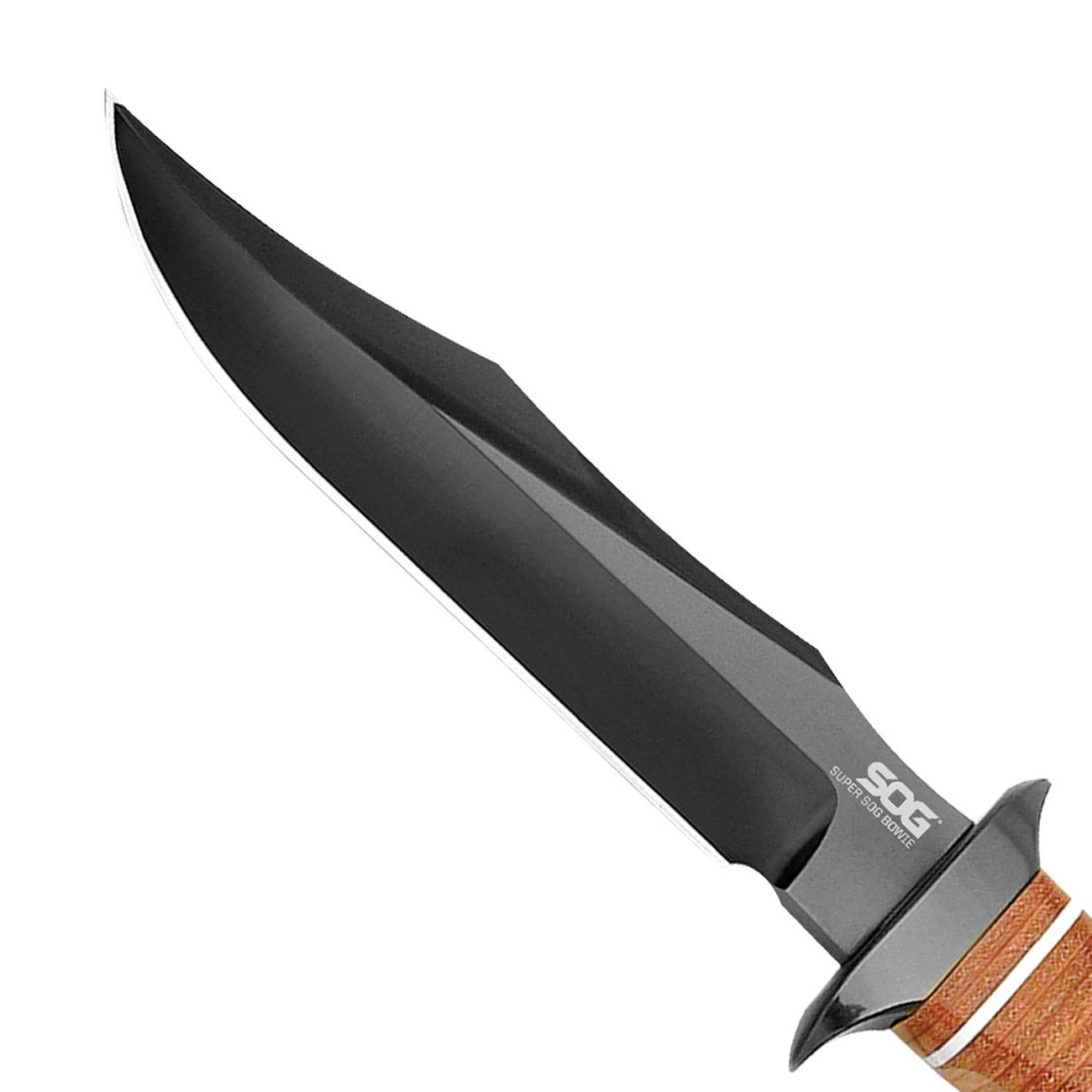SOG Super Bowie 7.5" Black TiNi Fixed Blade Leather Handles Leather Sheath - Clinch River Fishing USA