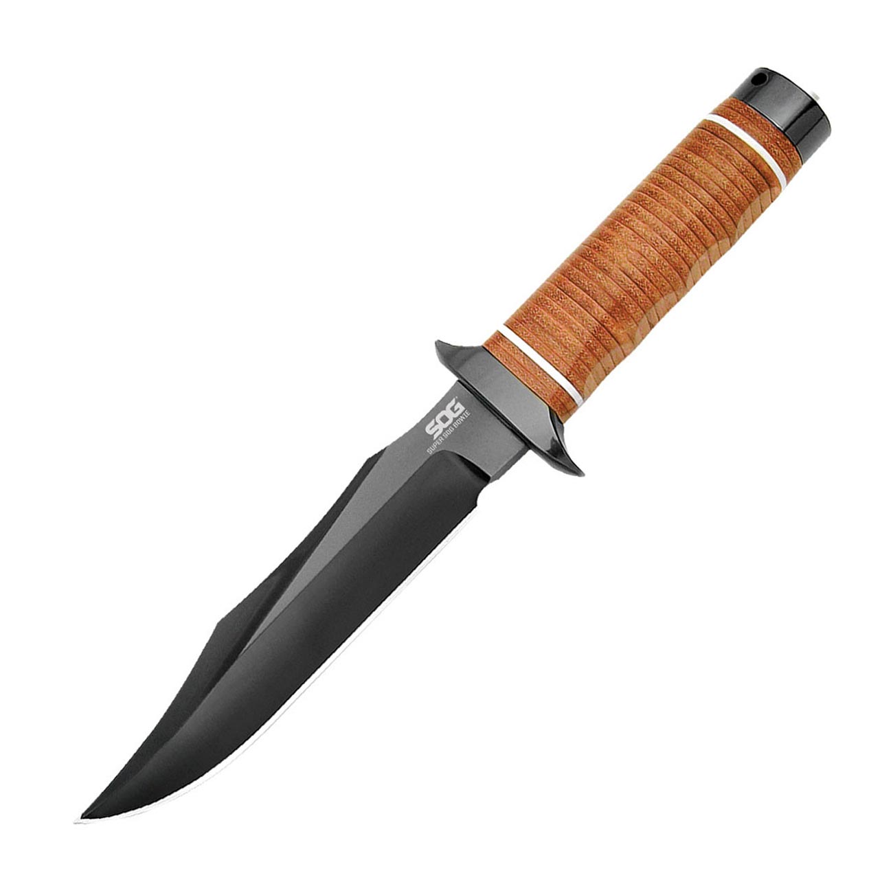 SOG Super Bowie 7.5" Black TiNi Fixed Blade Leather Handles Leather Sheath - Clinch River Fishing USA