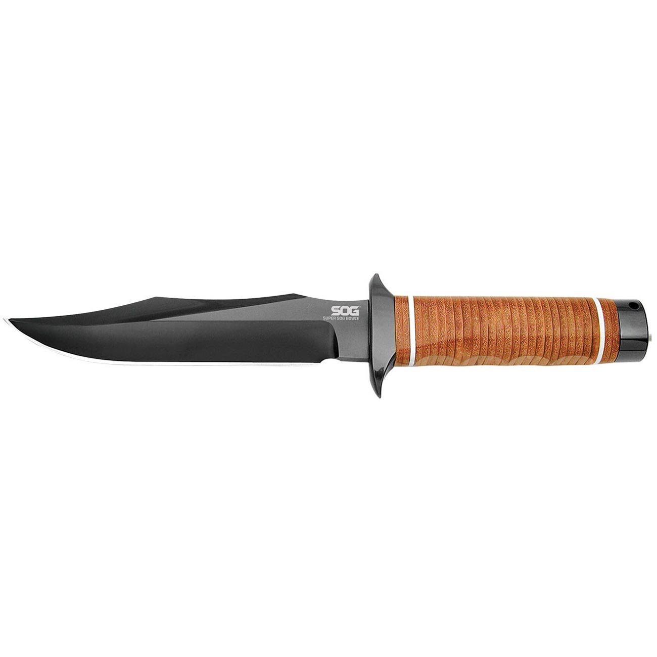 SOG Super Bowie 7.5" Black TiNi Fixed Blade Leather Handles Leather Sheath - Clinch River Fishing USA
