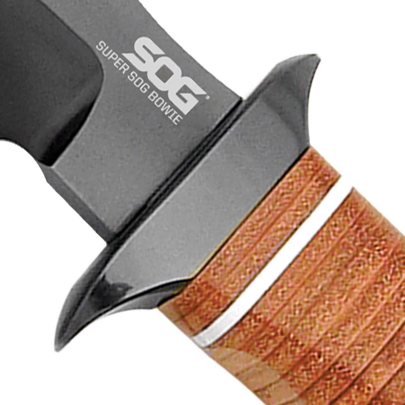 SOG Super Bowie 7.5" Black TiNi Fixed Blade Leather Handles Leather Sheath - Clinch River Fishing USA