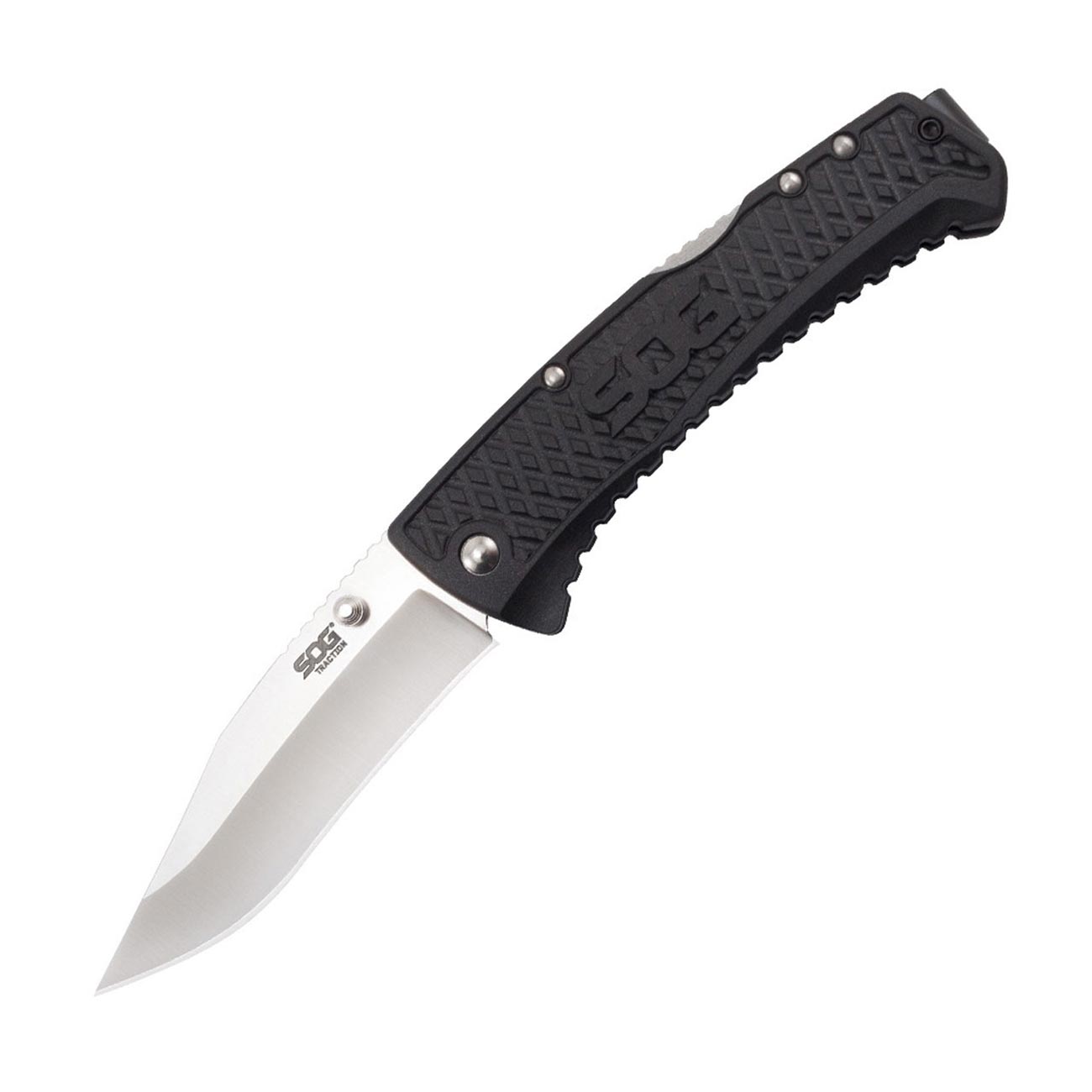 SOG Traction Folding Knife 3.5" Clip Point Plain Blade Black GRN Handles - Clinch River Fishing USA