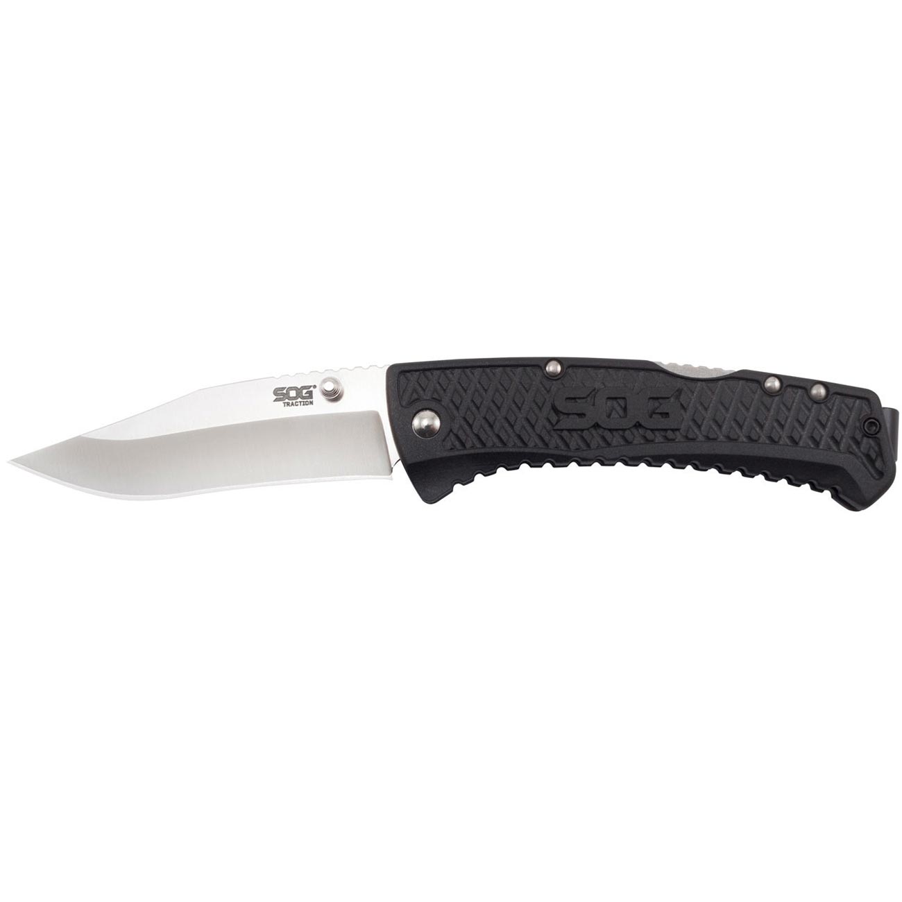 SOG Traction Folding Knife 3.5" Clip Point Plain Blade Black GRN Handles - Clinch River Fishing USA