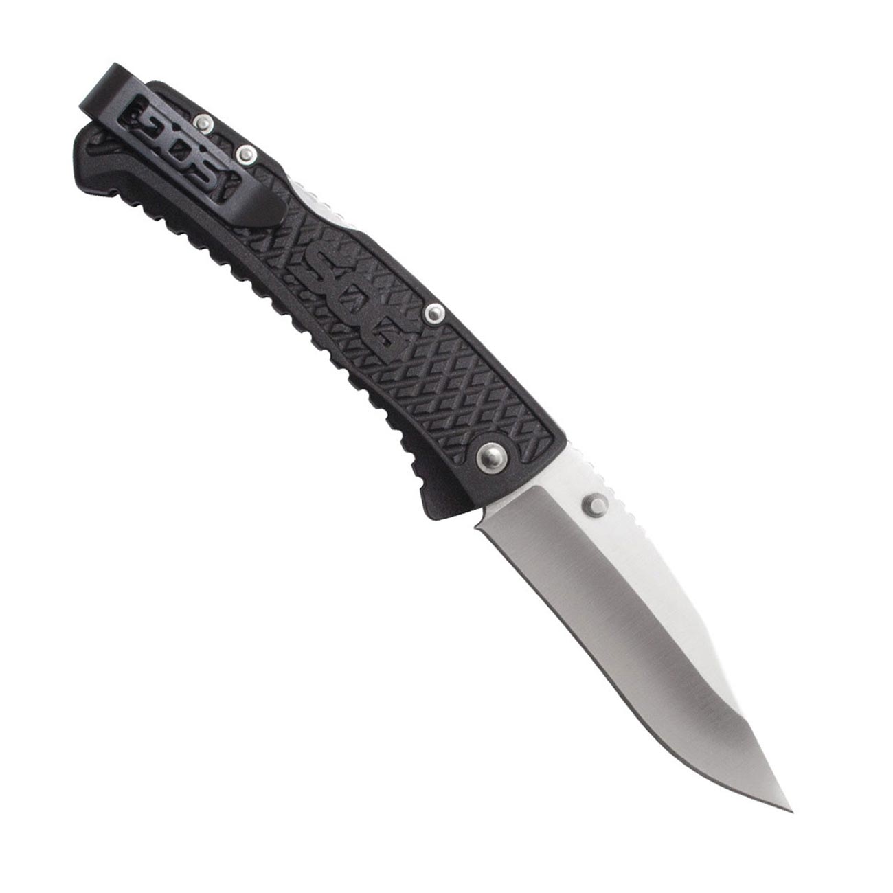 SOG Traction Folding Knife 3.5" Clip Point Plain Blade Black GRN Handles - Clinch River Fishing USA