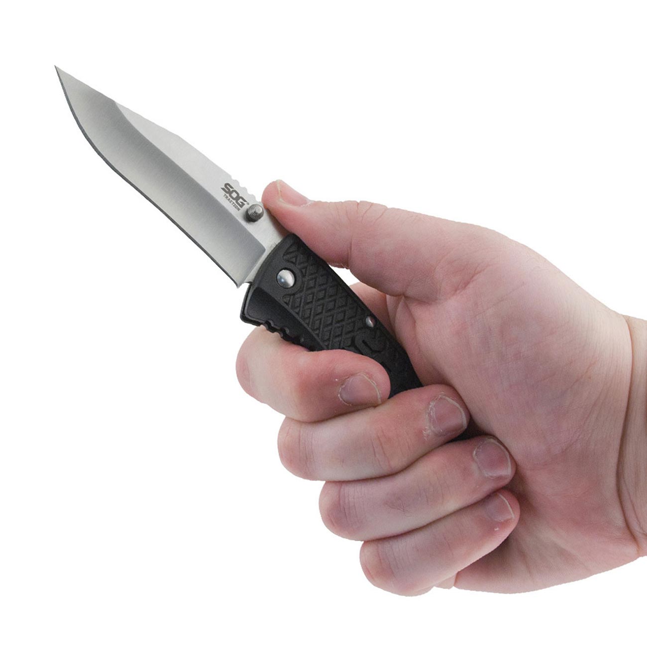SOG Traction Folding Knife 3.5" Clip Point Plain Blade Black GRN Handles - Clinch River Fishing USA