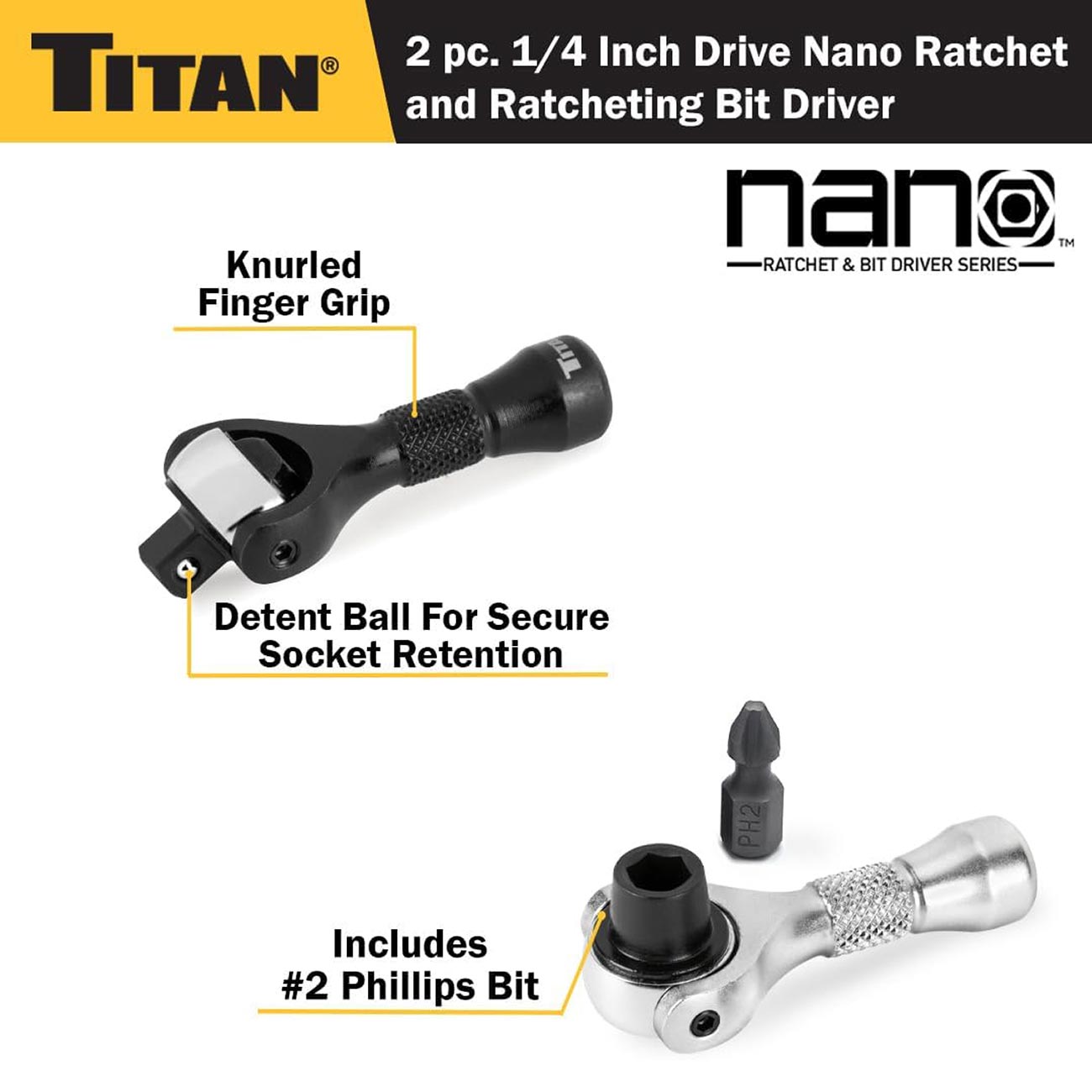 Titan 1/4" Drive 90-Tooth Swivel and Ratcheting Bit Driver Nano Ratchets (2-Piece) - Clinch River Fishing USA