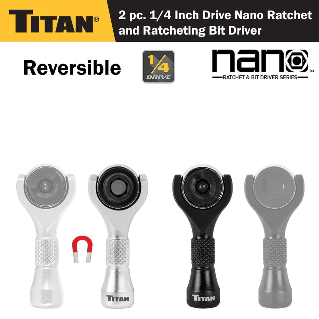 Titan 1/4" Drive 90-Tooth Swivel and Ratcheting Bit Driver Nano Ratchets (2-Piece) - Clinch River Fishing USA