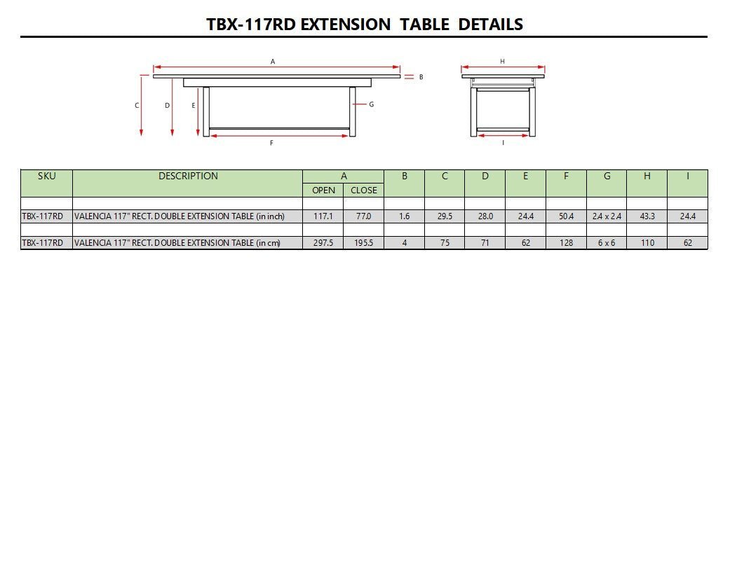 VALENCIA 117″ RECTANGULAR DOUBLE EXTENSION TABLE - Clinch River Fishing USA