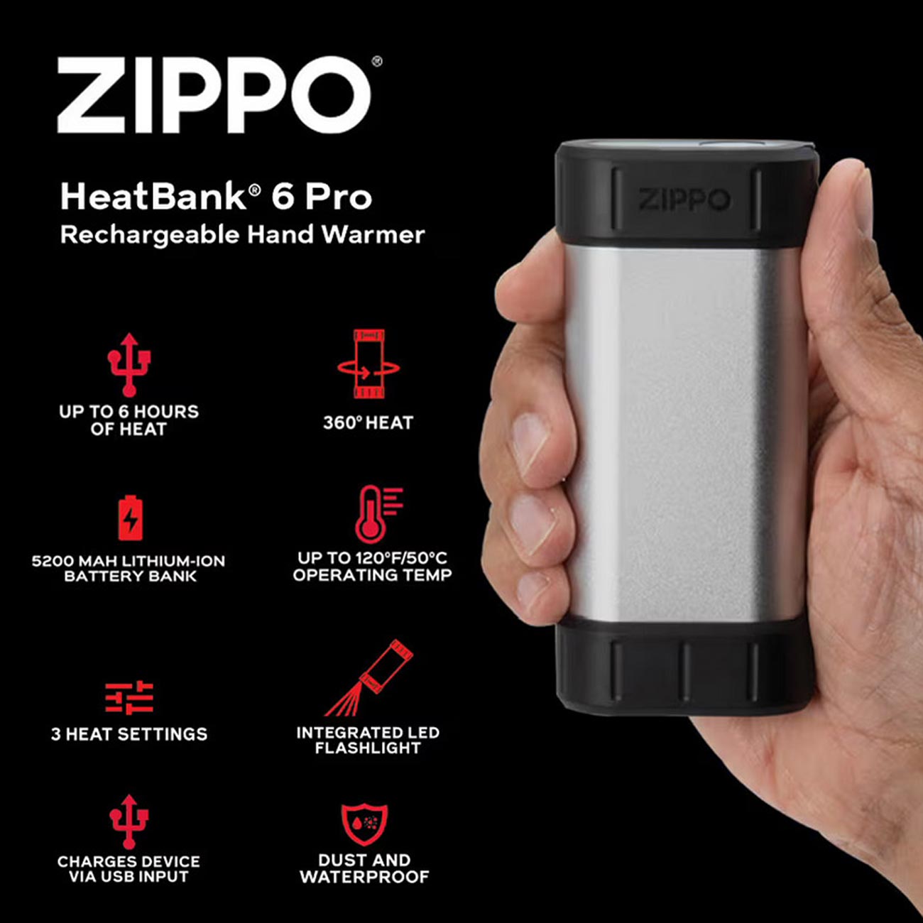 Zippo HeatBank 6 Pro Rechargeable Hand Warmer (Black Finish) - Clinch River Fishing USA