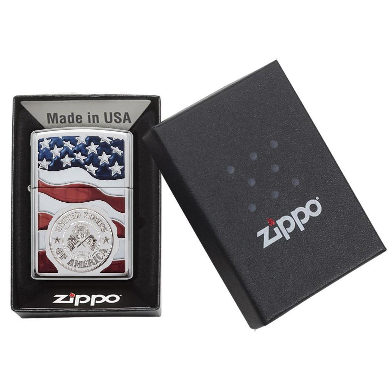 Zippo Windproof Lighter American Stamp On Flag High Polish Chrome Finish - Clinch River Fishing USA