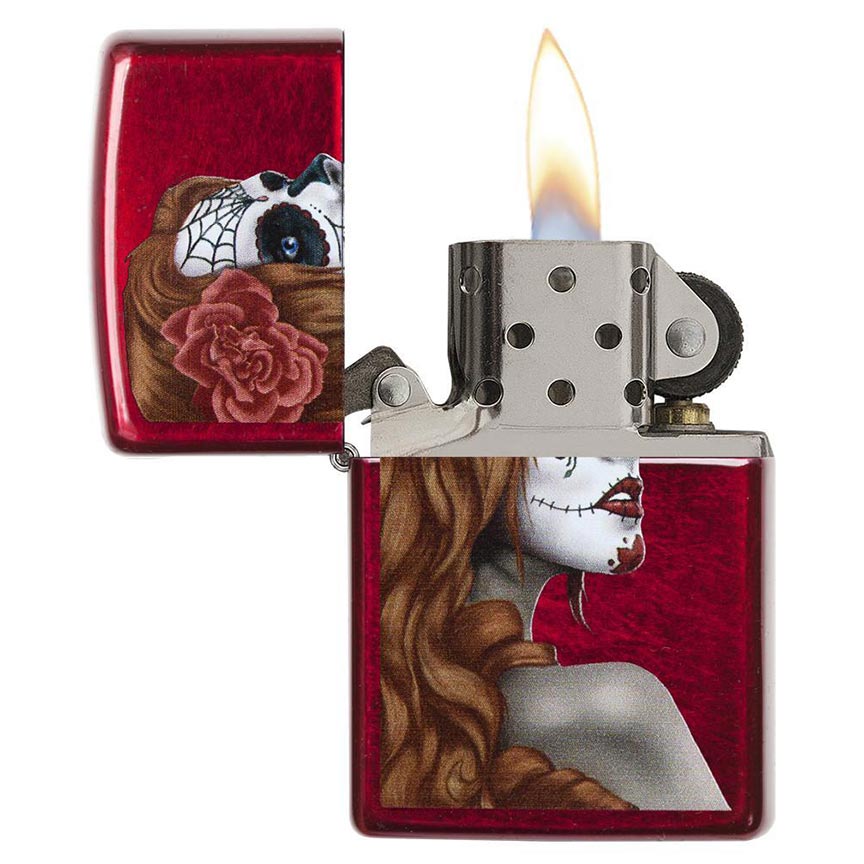 Zippo Windproof Lighter Day Of Dead Girl Candy Apple Red Translucent Finish - Clinch River Fishing USA