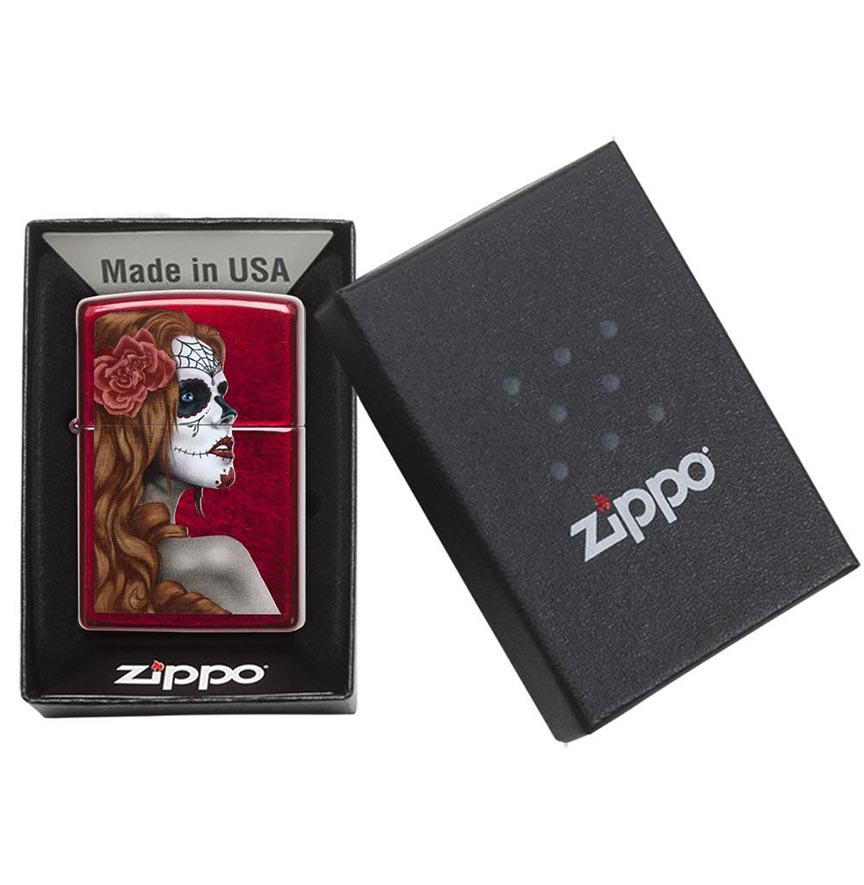 Zippo Windproof Lighter Day Of Dead Girl Candy Apple Red Translucent Finish - Clinch River Fishing USA