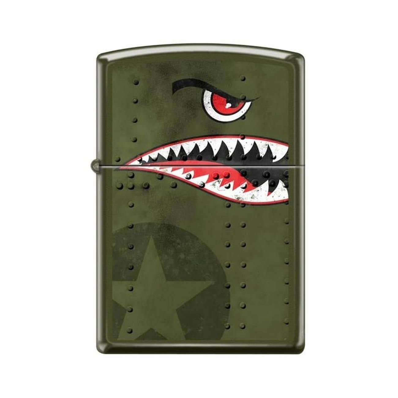 Zippo Windproof Lighter Fighter Plane Nose Art "Shark Teeth" Matte Green - Clinch River Fishing USA