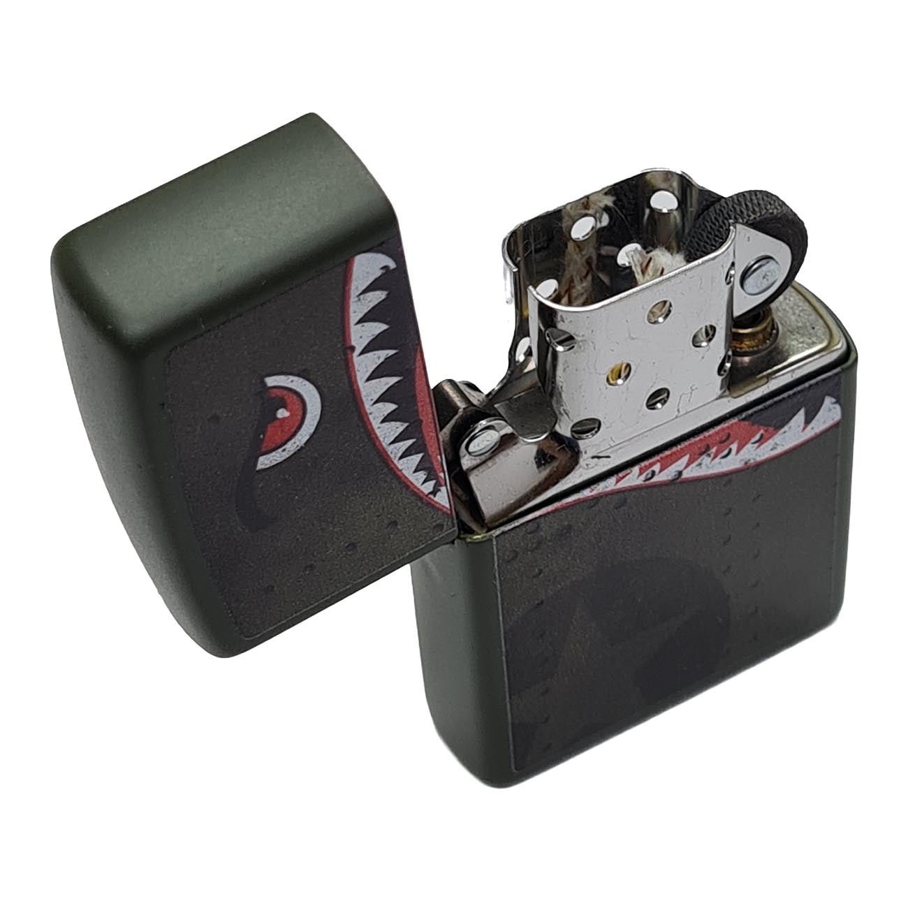 Zippo Windproof Lighter Fighter Plane Nose Art "Shark Teeth" Matte Green - Clinch River Fishing USA