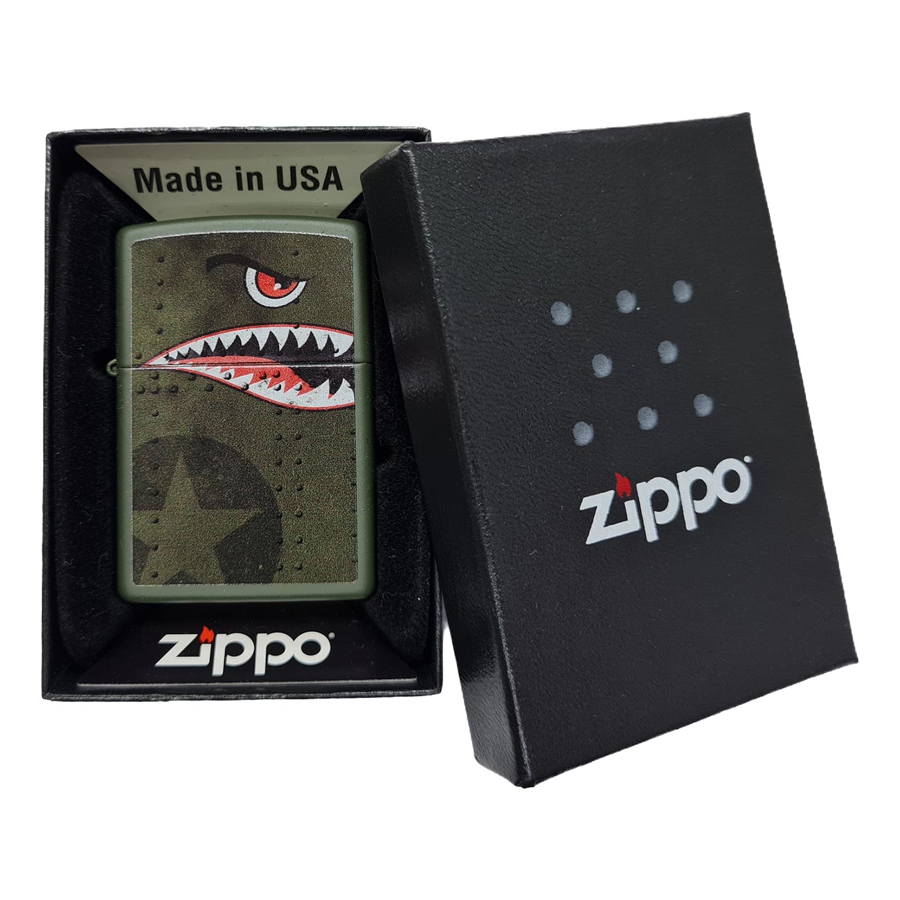 Zippo Windproof Lighter Fighter Plane Nose Art "Shark Teeth" Matte Green - Clinch River Fishing USA