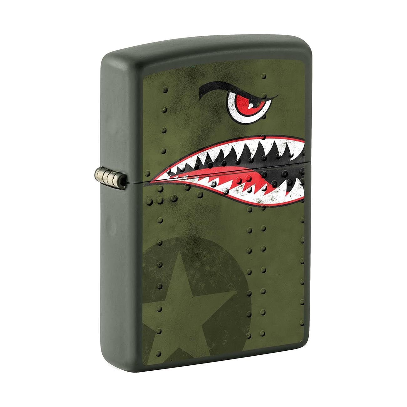 Zippo Windproof Lighter Fighter Plane Nose Art "Shark Teeth" Matte Green - Clinch River Fishing USA