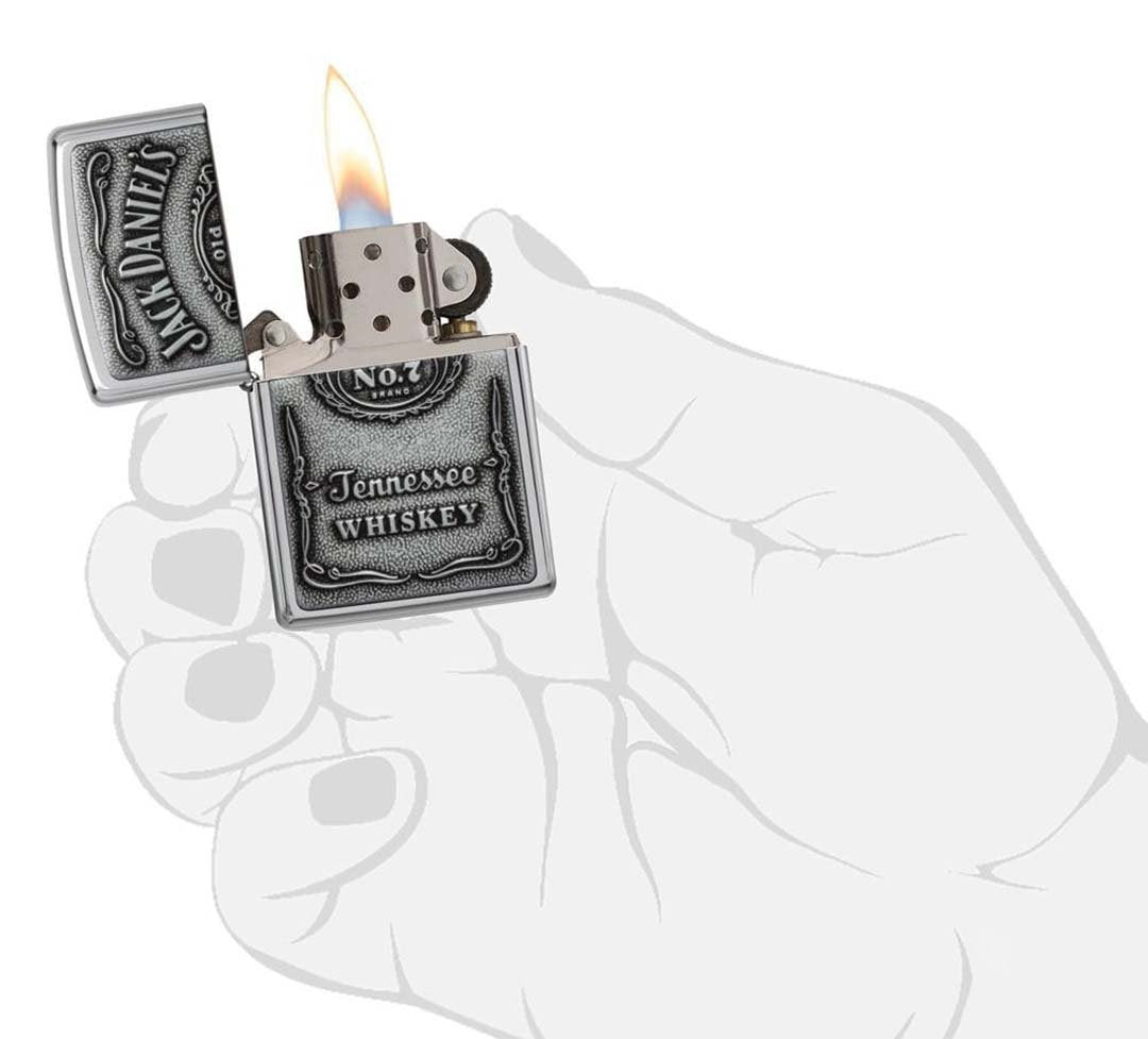 Zippo Windproof Lighter Jack Daniel's Label - pewter Emblem High Polish Chrome - Clinch River Fishing USA