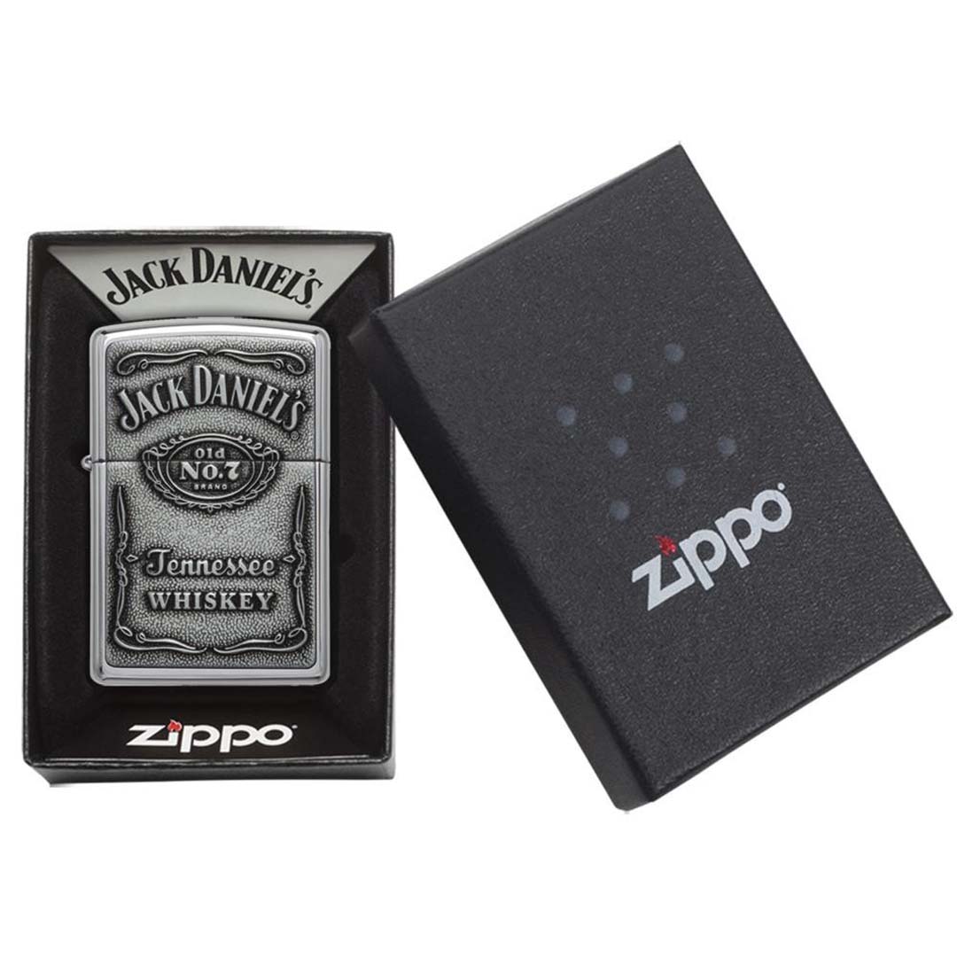 Zippo Windproof Lighter Jack Daniel's Label - pewter Emblem High Polish Chrome - Clinch River Fishing USA