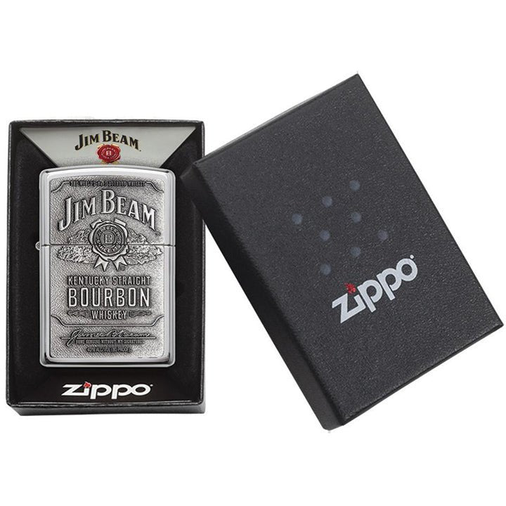 Zippo Windproof Lighter Jim Beam Pewter Emblem High Polish Chrome - Clinch River Fishing USA