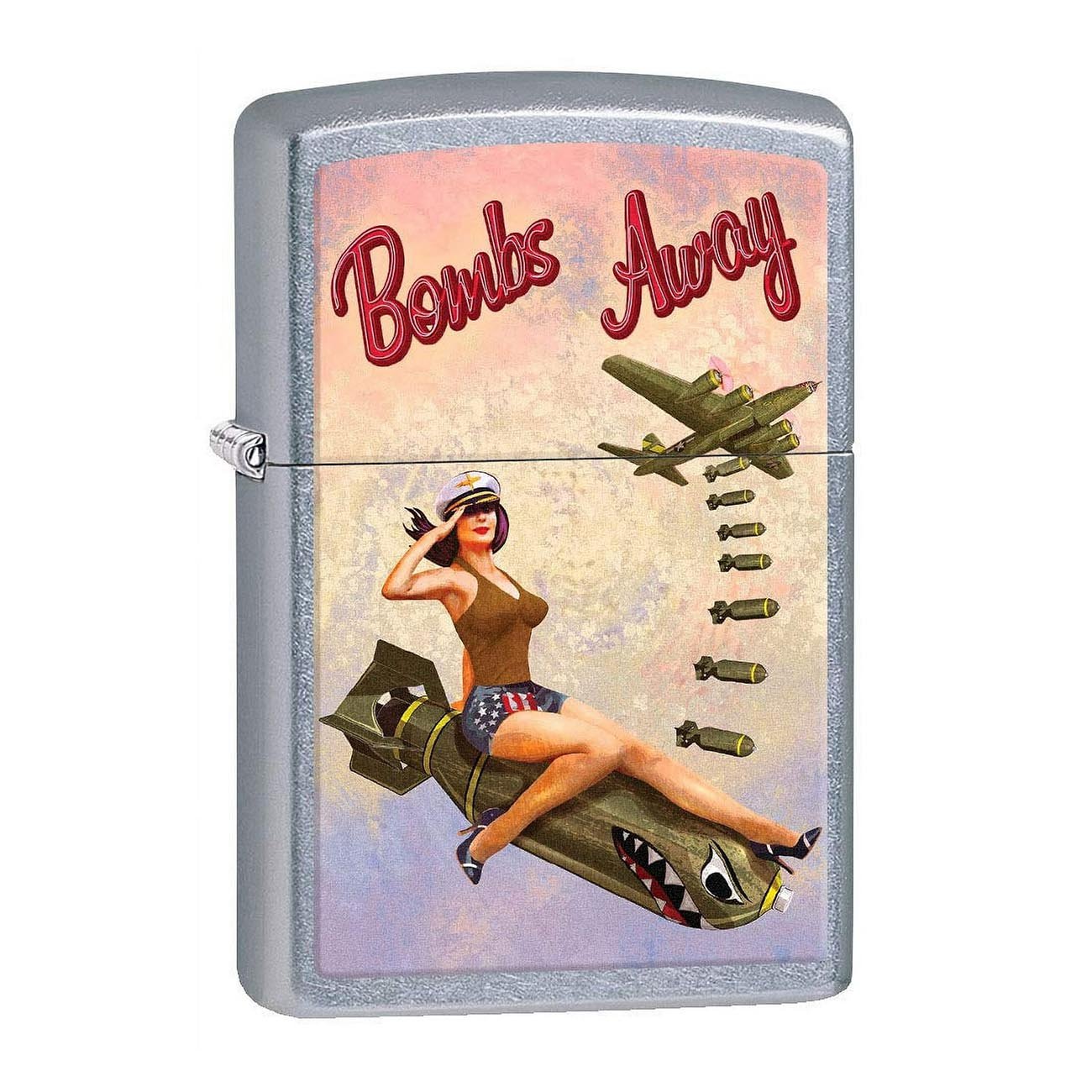 Zippo Windproof Lighter - Pinup Nose Art "Bombs Away Girl" Imprinted Street Chrome - Clinch River Fishing USA